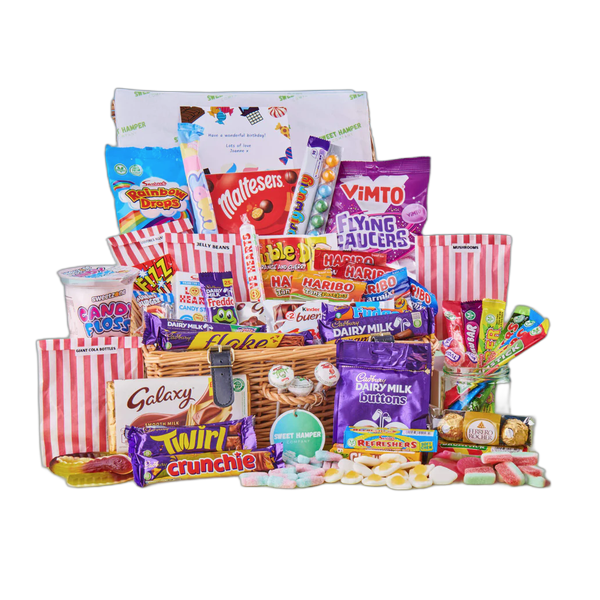 A wicker hamper filled with sweets and chocolate bars